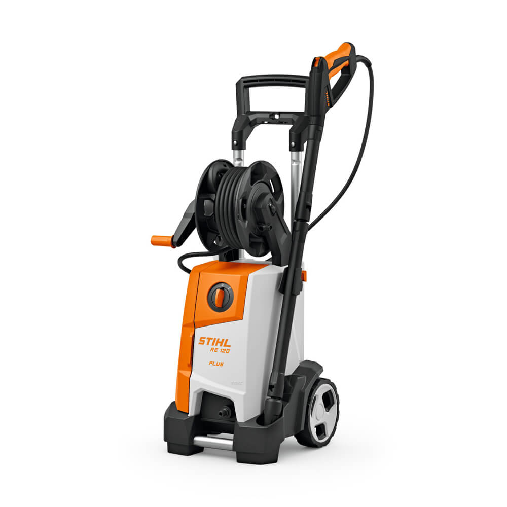 Detailansicht des STIHL Elektro-Hochdruckreiniger RE 120 PLUS von vorne schräg rechts.