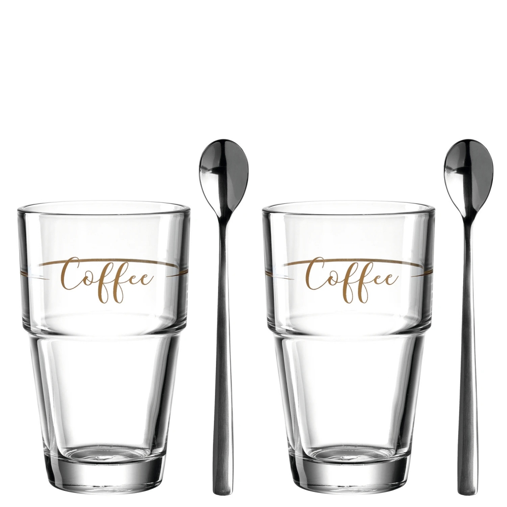 Leonardo 2er Set mit zwei 410ml Glas Bechern Coffee Solo mit 2 Löffeln