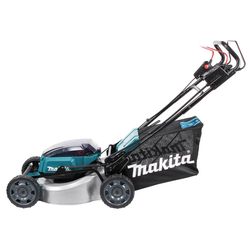 Makita Akku-Rasenmäher 2x18V DLM465Z - Sologerät. Seitenansicht.