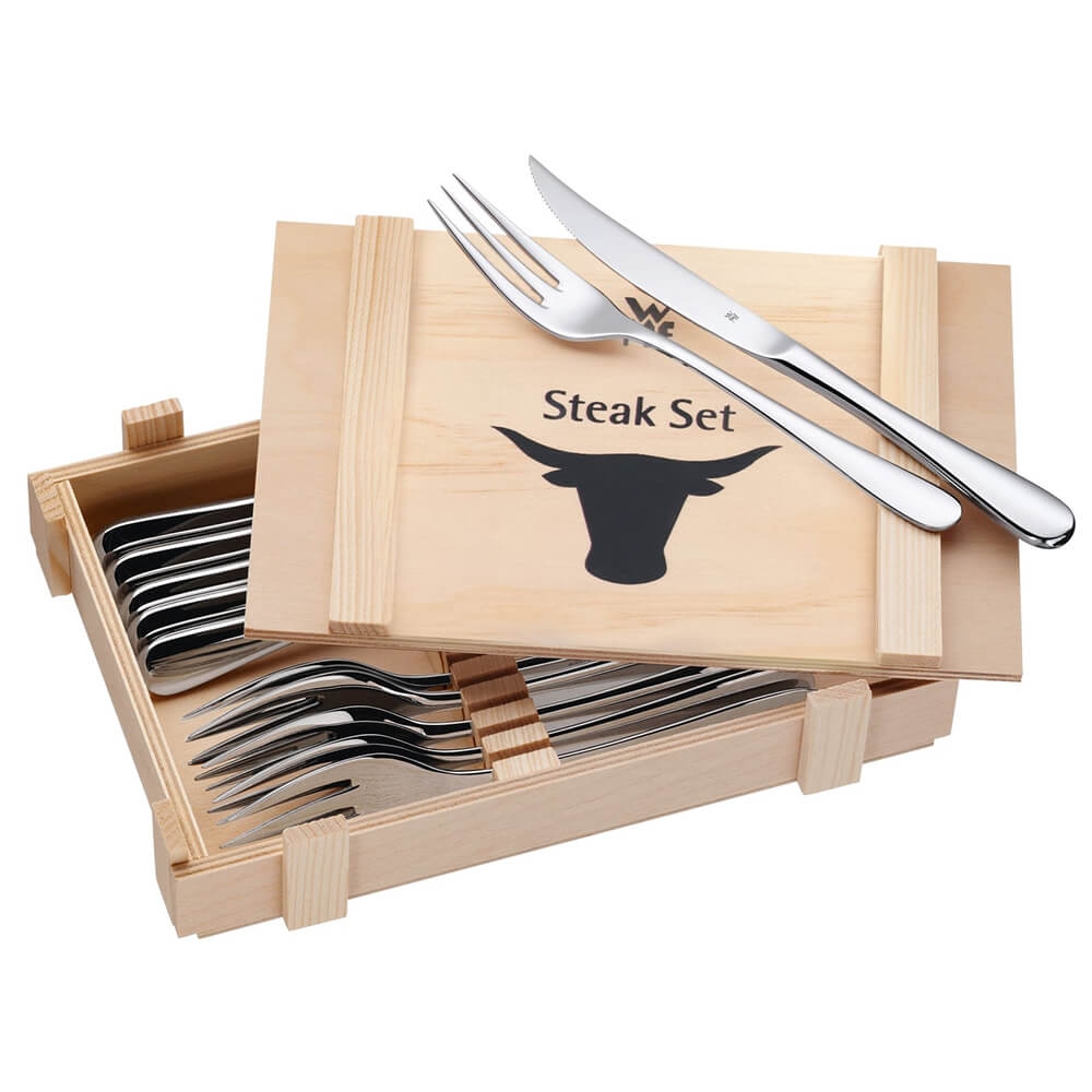 WMF Steakbesteck-Set 12-teilig in Holzkiste 6x Steakgabel 6x Steakmesser