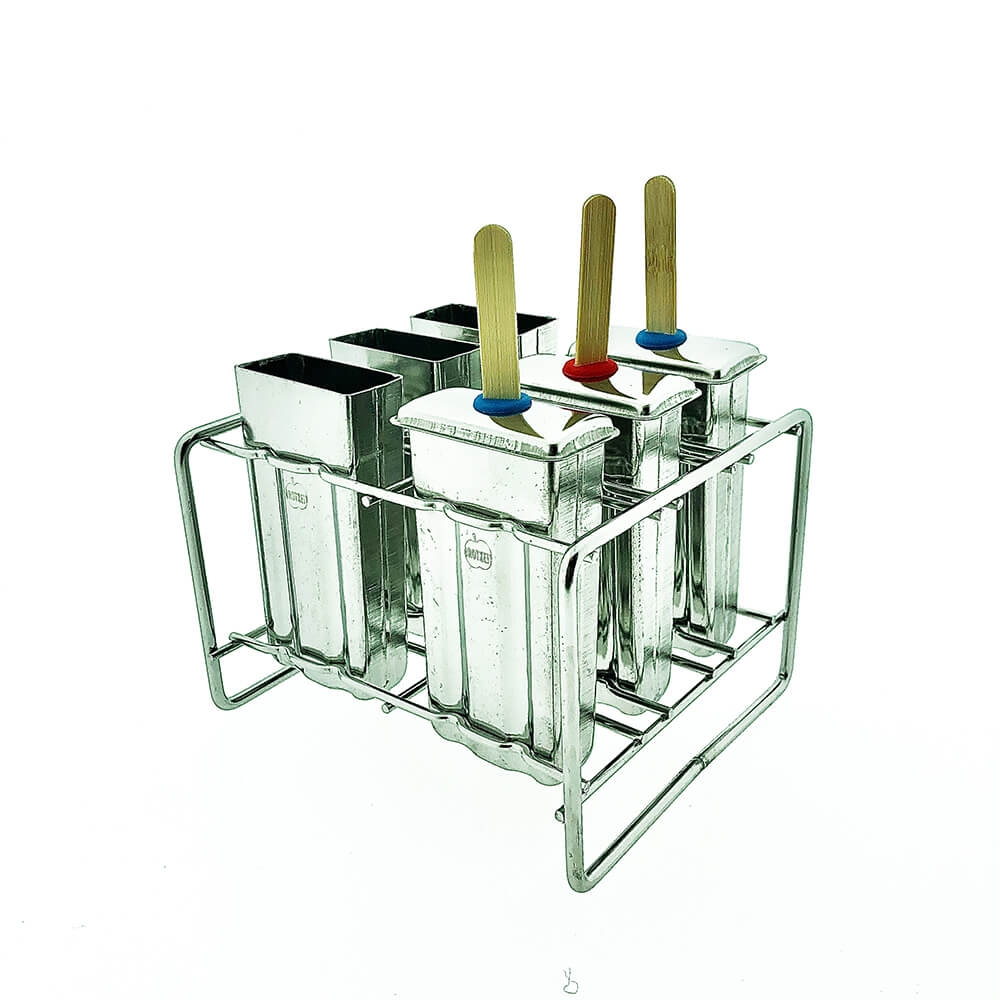 Brotzeit 6er Set Edelstahl Eisform eckig mit Ständer und Bambussticks Eisstiehlform Eisstiel Form