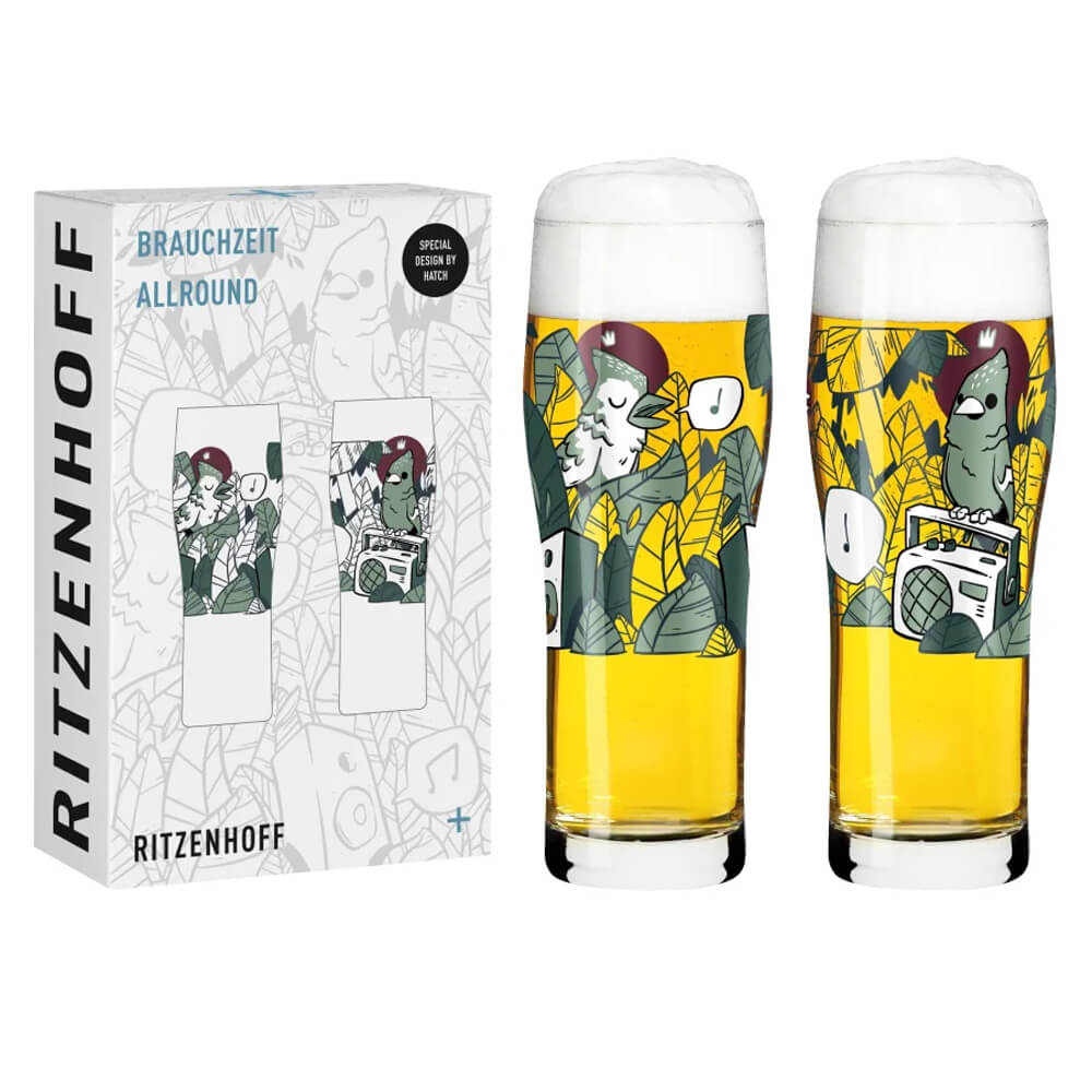 Zwei elegante Ritzenhoff Biergläser aus dem Set "Brauchzeit", Design Hatch 5 und Hatch 6, nebeneinander auf dem Hauptbild.