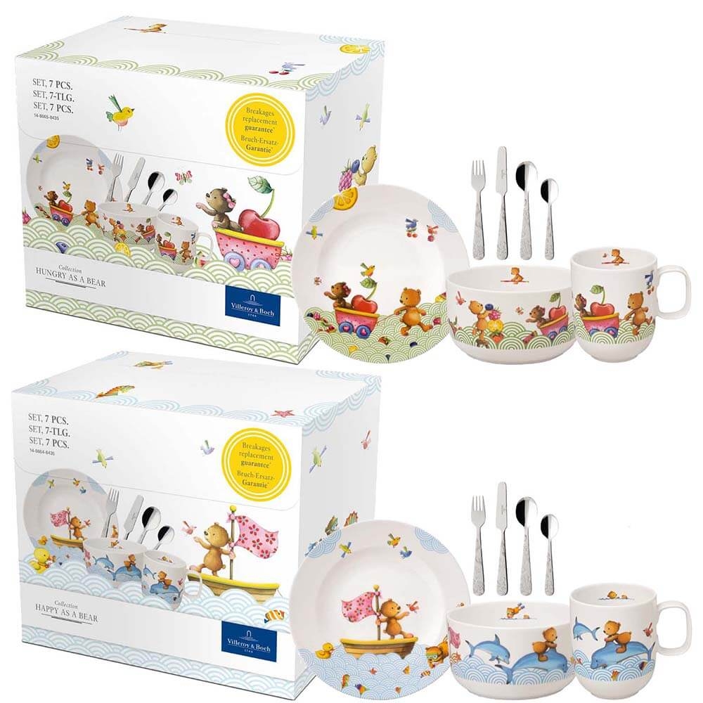 Villeroy & Boch 7-teiliges Kindergeschirr Set Happy oder Hungry as a Bear Porzellan Kinderbesteck. Variantenbild.