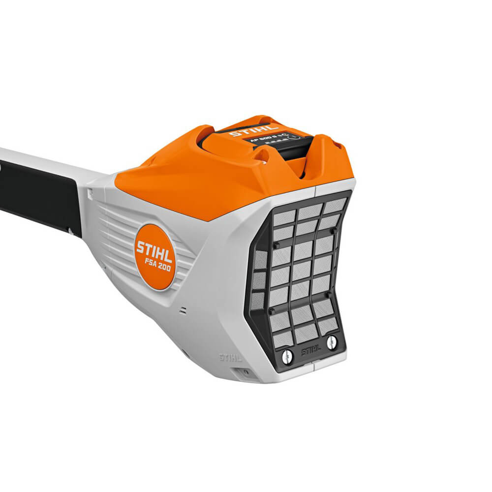 Detailaufnahme der Motoreinheit der akkubetriebenen Stihl Motorsense FSA 200 aus dem AP-System (Solo-Version, ohne Akku/Ladegerät)