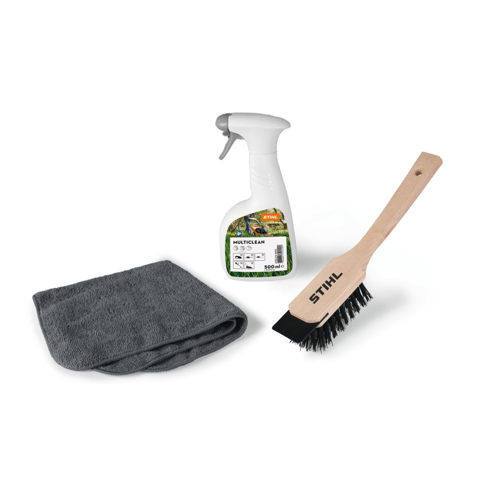 Detailansicht der drei Einzelkomponenten des Stihl Care & Clean Kits für iMow Mähroboter und Rasenmäher
