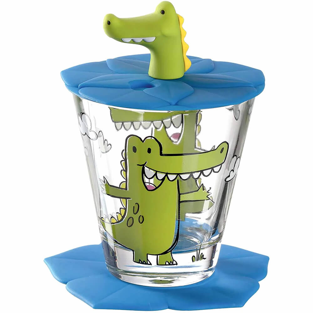 Leonardo 3-teiliges Bambini Kinderglas Set mit Untersetzer und Deckel Motiv Krokodil Leonardo 3-teiliges Bambini Kinderglas Set mit Untersetzer und Deckel Motiv Krokodil