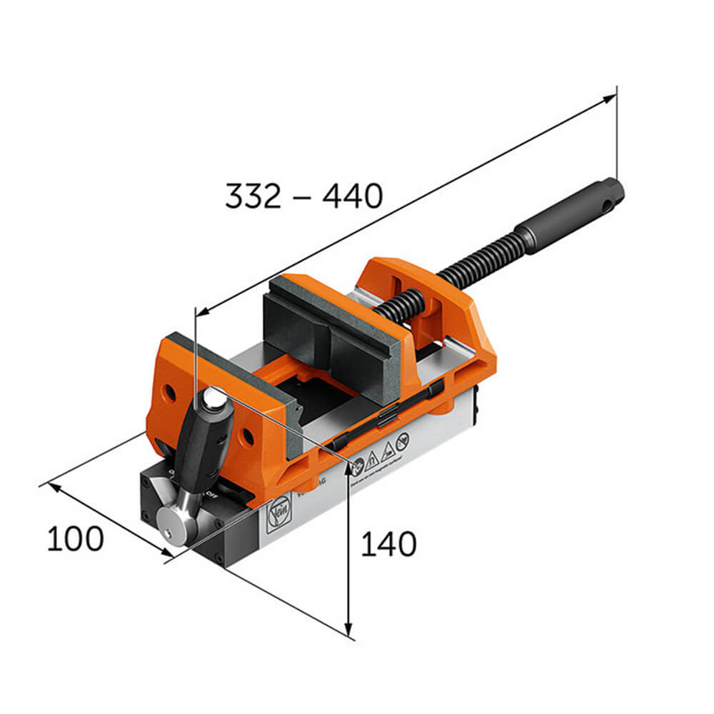 Fein Permanentmagnet mit Schraubstock Versamag. Abmessungen.