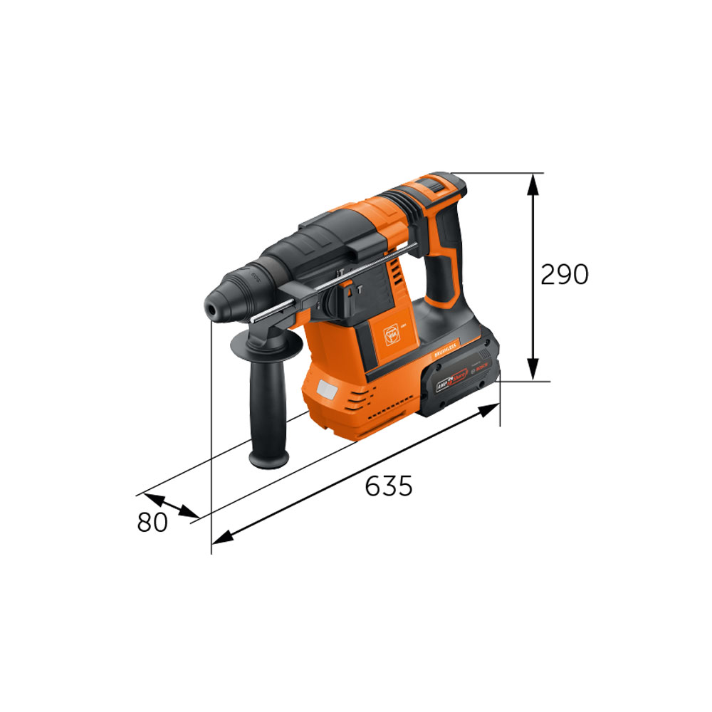 Fein Akku-Bohrhammer AMP Share. Detailbild Maße.