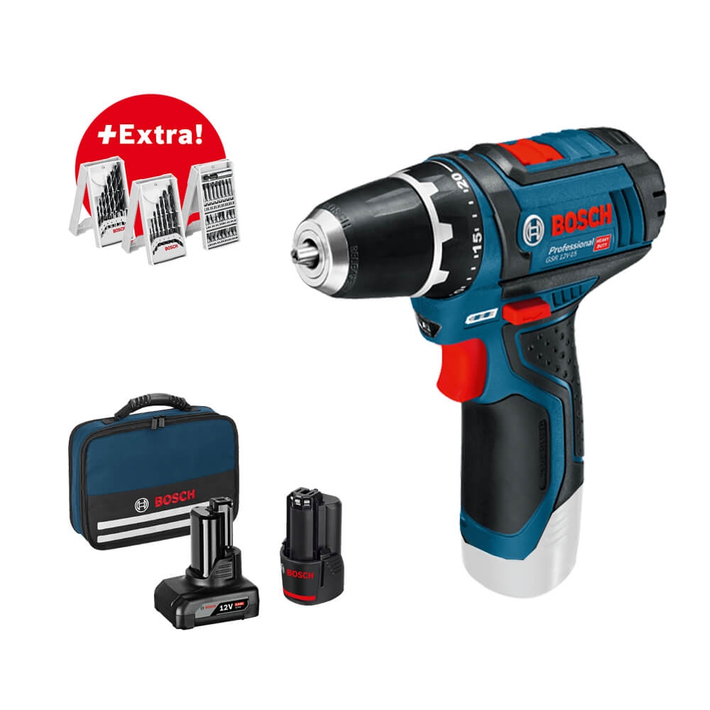 Bosch Akku-Bohrschrauber Set GSR 12V-15 mit Akkus und Zubehör