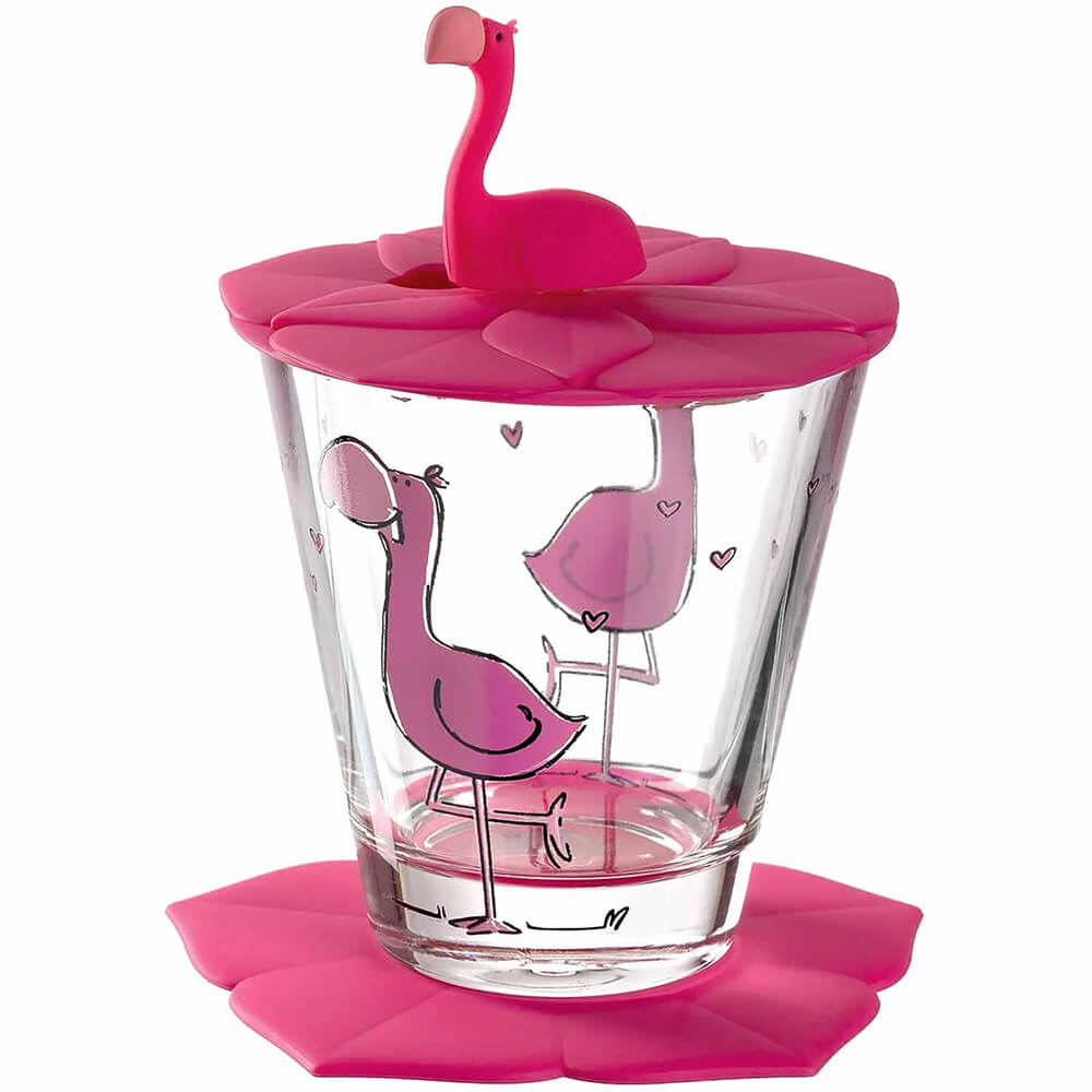 Leonardo 3-teiliges Bambini Kinderglas Set mit Untersetzer und Deckel Motiv Flamingo Leonardo 3-teiliges Bambini Kinderglas Set mit Untersetzer und Deckel Motiv Flamingo