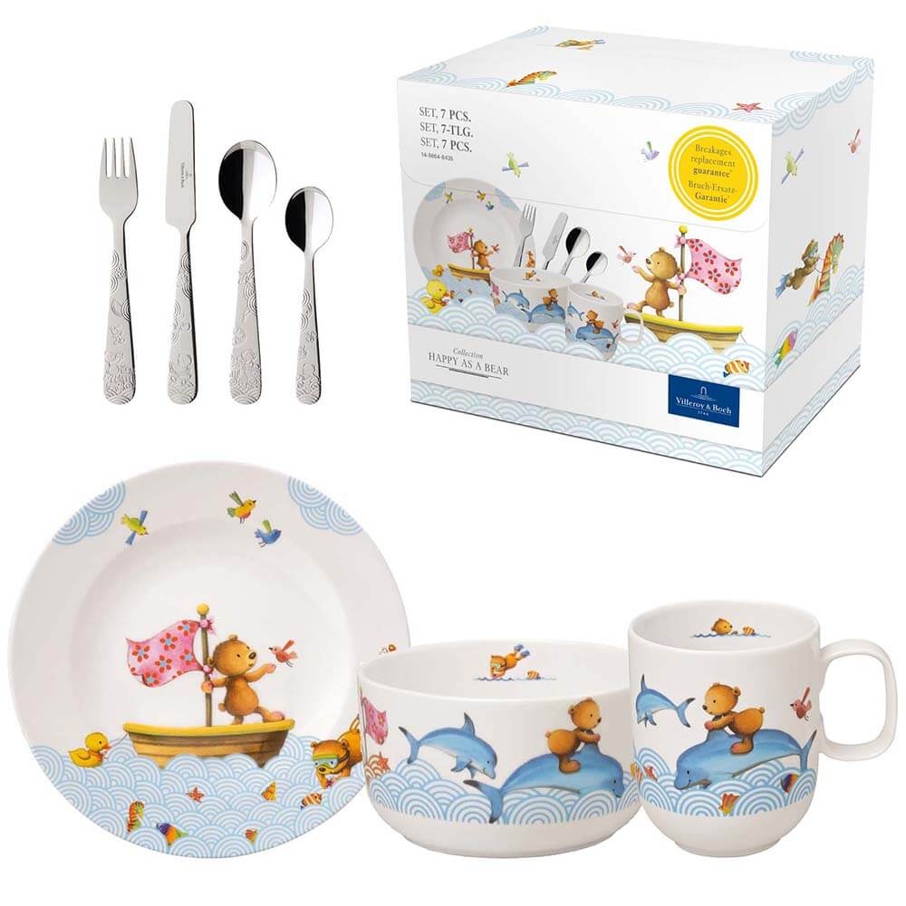 Villeroy & Boch 7-teiliges Kindergeschirr Set Happy as a Bear Porzellan Kinderbesteck. Produktbild.