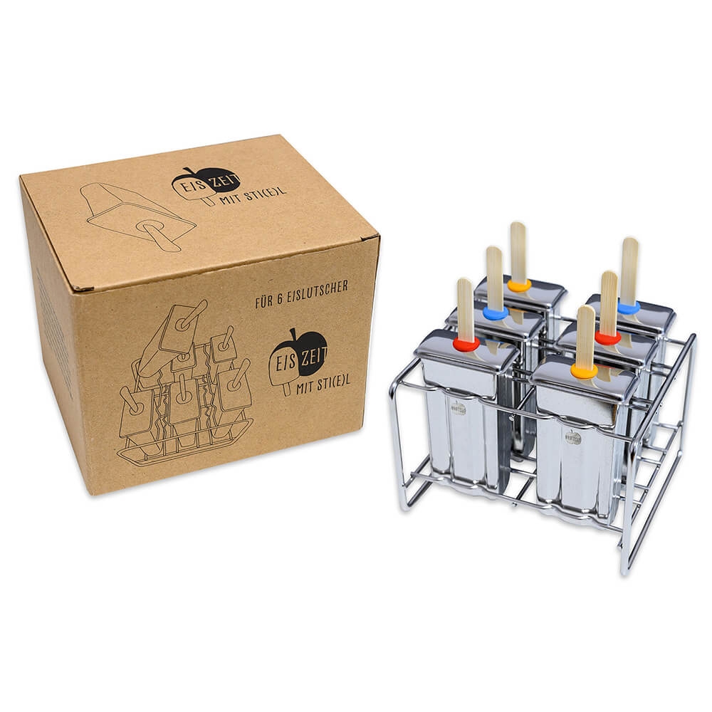 Brotzeit 6er Set Edelstahl Eisform eckig mit Ständer und Bambussticks Eisstiehlform Eisstiel Form