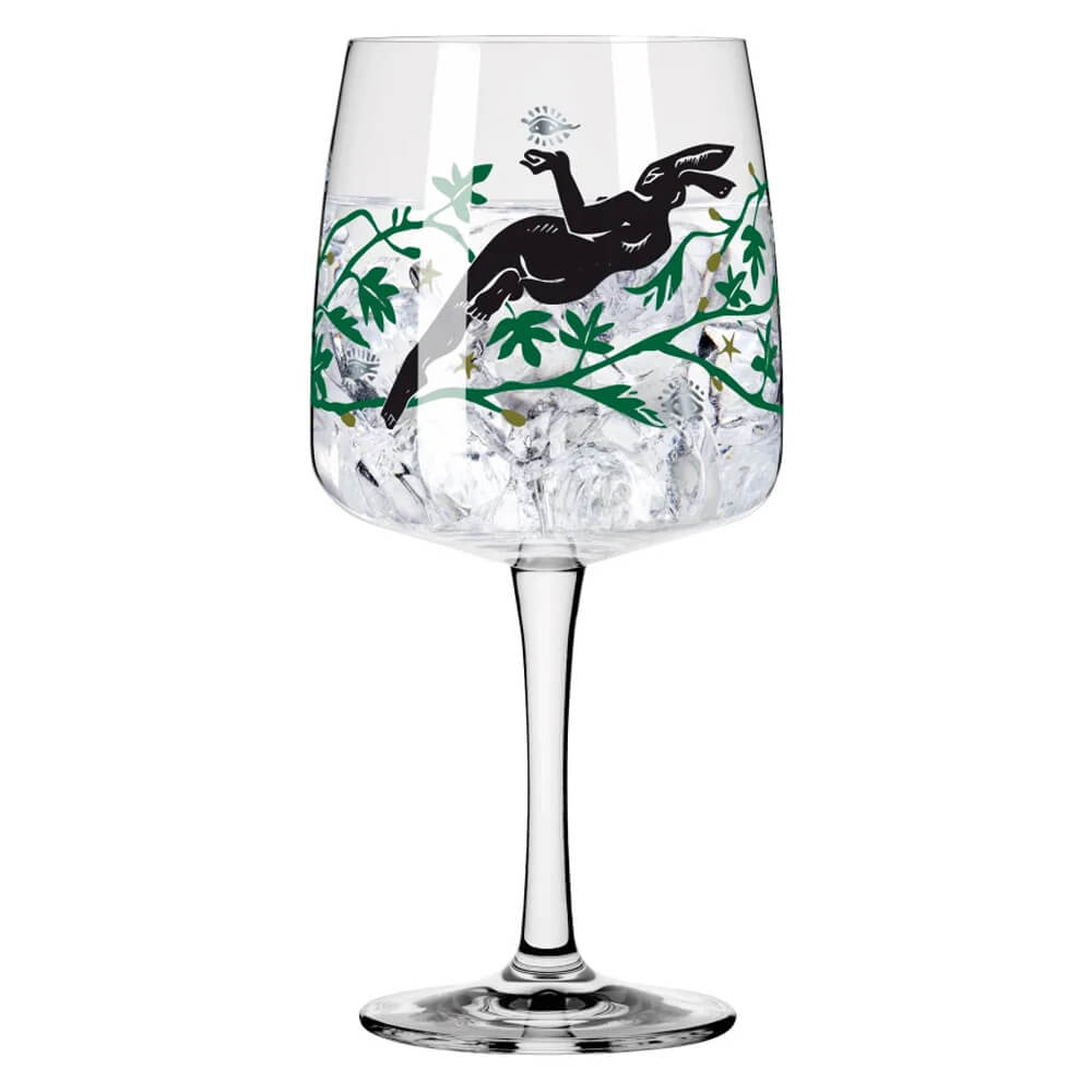 etailaufnahme des Ritzenhoff Ginglases aus der Serie "Fabelkraft", gestaltet von Karin Rytter. Die Silhouette eines weiblichen Hasen ziert das Glas.