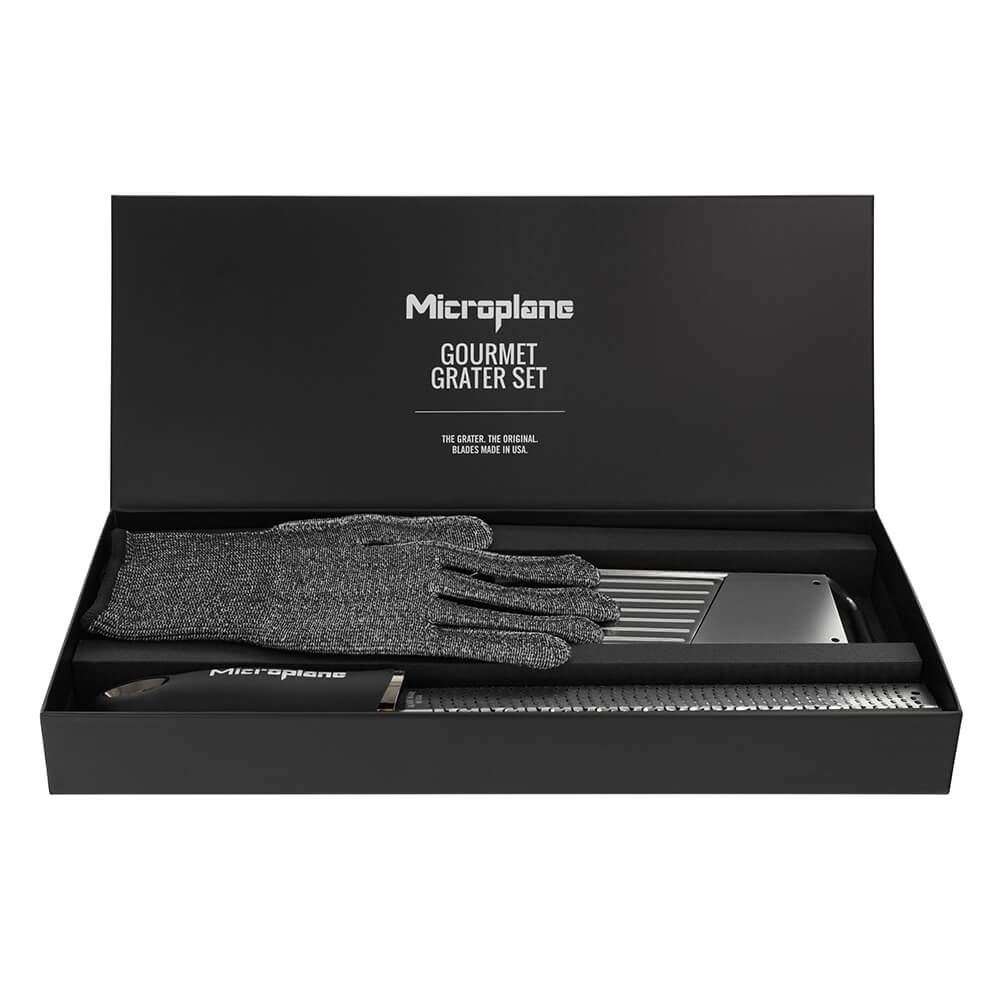 Microplane Gourmet Reiben Set & Handschuh Limited. Detailbild.