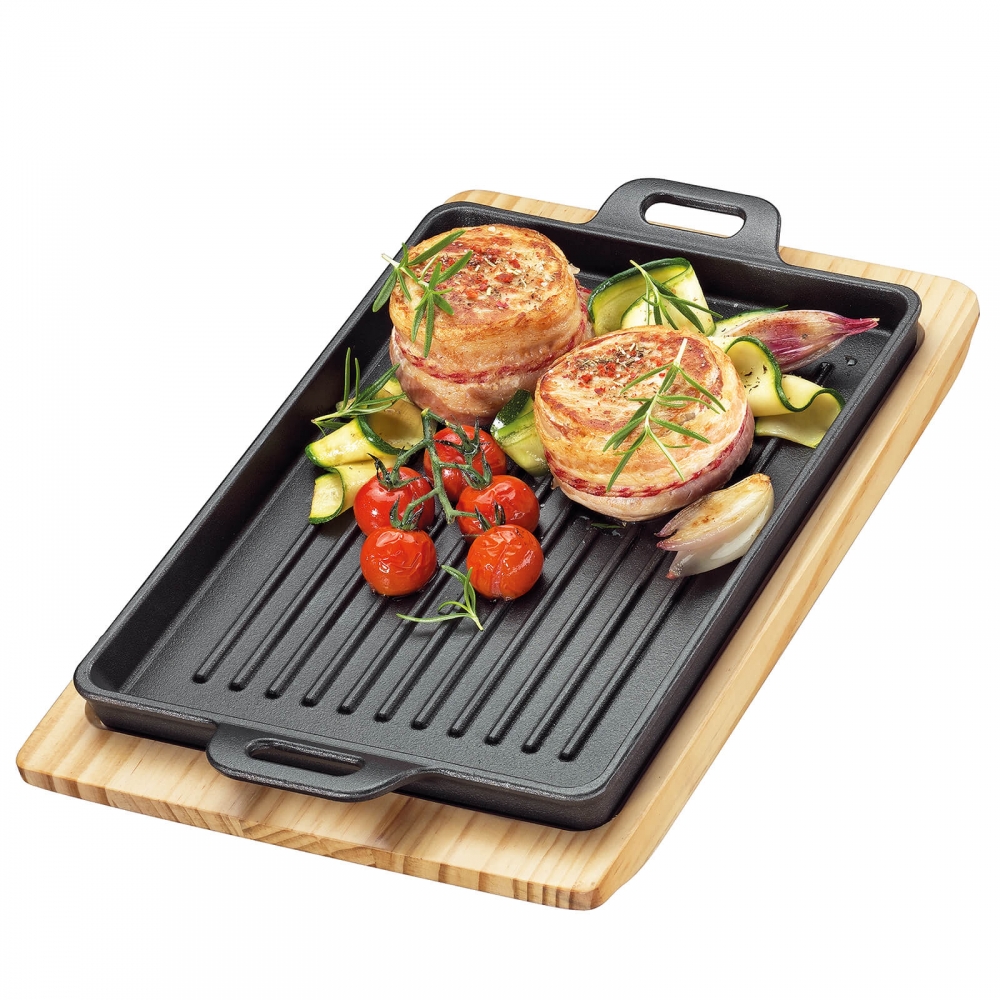Küchenprofi Grillplatte Servierplatte eckig mit Holzbrett. Detailbild.