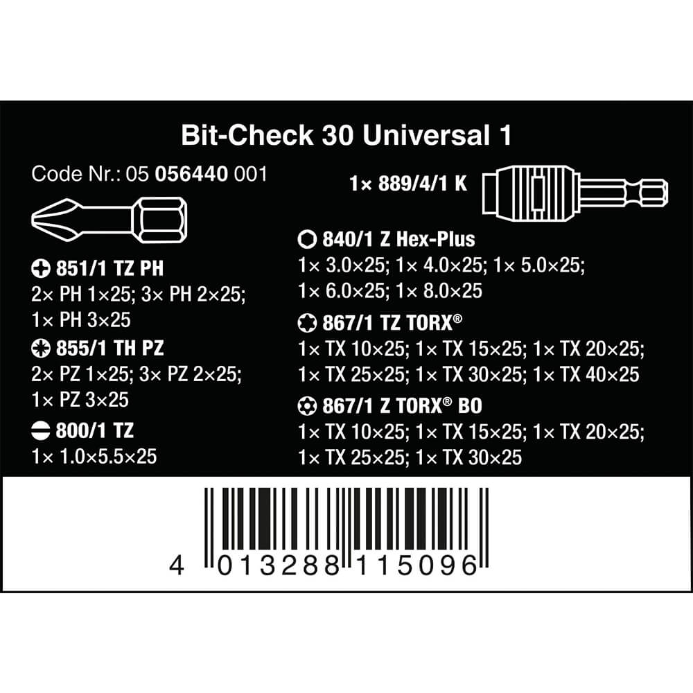 Wera Bits Bit-Check 30 Universal 1 30‑teilig. Inhalt.