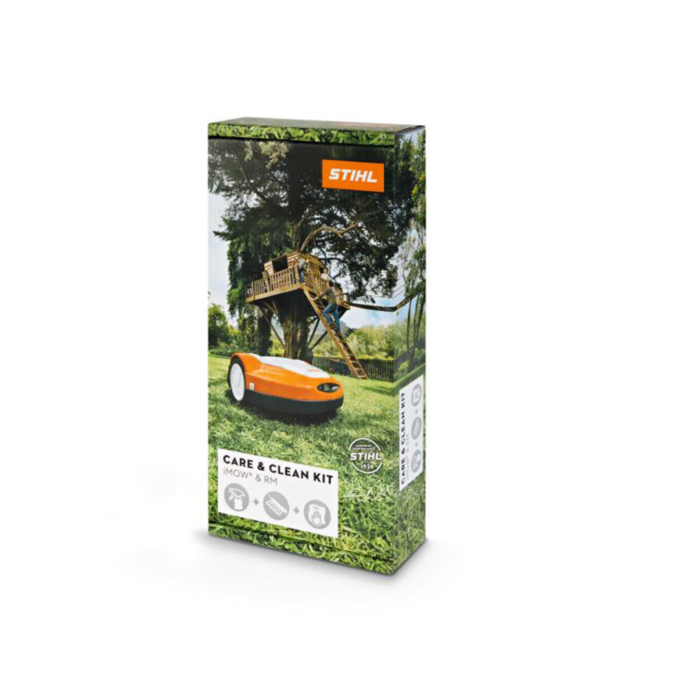 auptansicht des Stihl Care & Clean Kits für Mähroboter iMow und Rasenmäher in seiner Produktverpackung