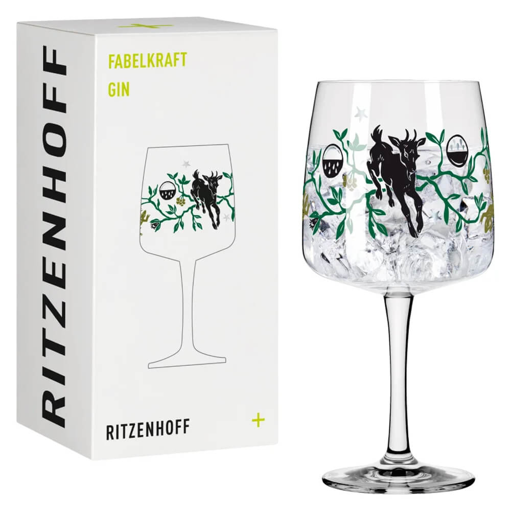 Das Ritzenhoff Ginglas "Fabelkraft" von Karin Rytter, das einen Faun im Ziegenpelz zeigt, zusammen mit der Verpackung vor einem weißen Hintergrund. Das surreale Dekor voller magischer Wesen und Symbole lädt dazu ein, bei einem kühlen Drink eine fantastisc