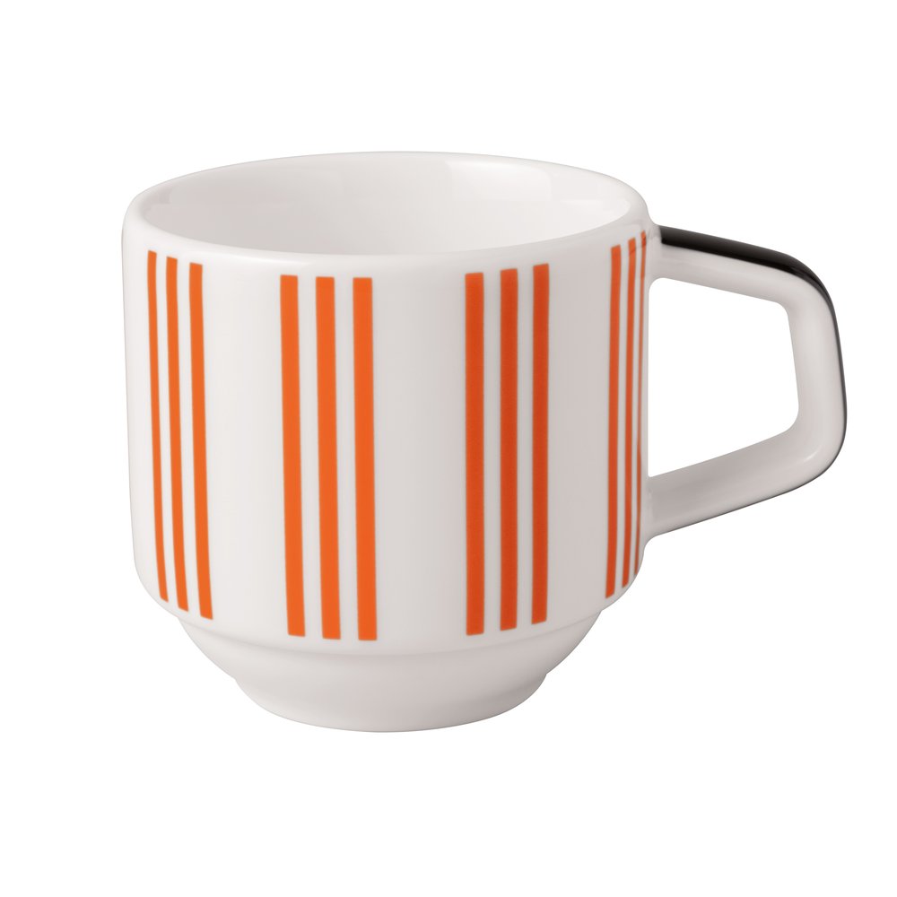 Außenansicht der weißen Villeroy & Boch Signature Memphis Espressotasse mit markanten, orangen Längsstreifen.