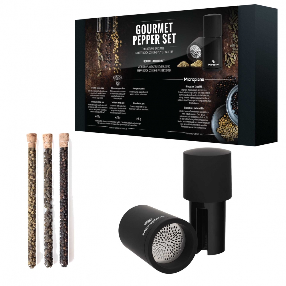 Microplane Set Gourmet Pfeffer Muskatmühle und drei Sorten Pfeffer. Hauptbild.